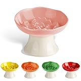 Ceramic Slow Feeder Bowl for Cats and Small Dogs, Elevated Tilted Pet Food Dish, Whisker Friendly Anti-Vomit Design, Heavy Stable Base, Dishwasher Safe, 5 Colors Options (Blush Pink)