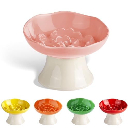 Ceramic Slow Feeder Bowl for Cats and Small Dogs, Elevated Tilted Pet Food Dish, Whisker Friendly Anti-Vomit Design, Heavy Stable Base, Dishwasher Safe, 5 Colors Options (Blush Pink)