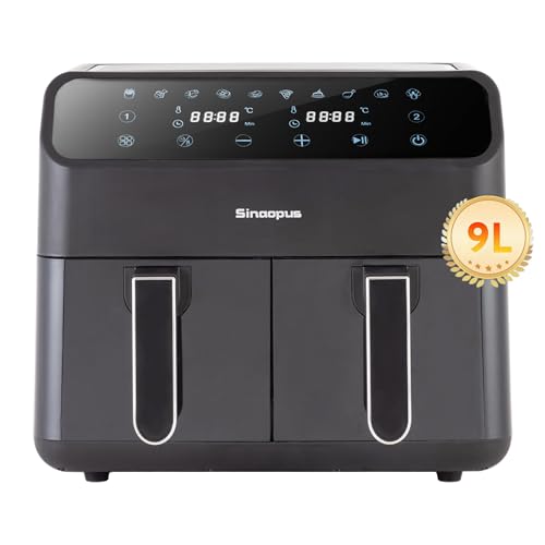Sinaopus heißluftfritteuse XXL Airfryer 9L Air fryer mit Digitalem LED-Touchscreen heissluftfriteuse 2000 Watt 10 Programmen Einstellbare Temperaturregelung Sichtbares Sichtfenster