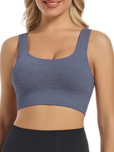 Image of Chilylori Seamless Sports Bras for Women Pack of 3 Ribbed Sports Bra Workout Tops Cropped Tank Top Comfort Padded Yoga