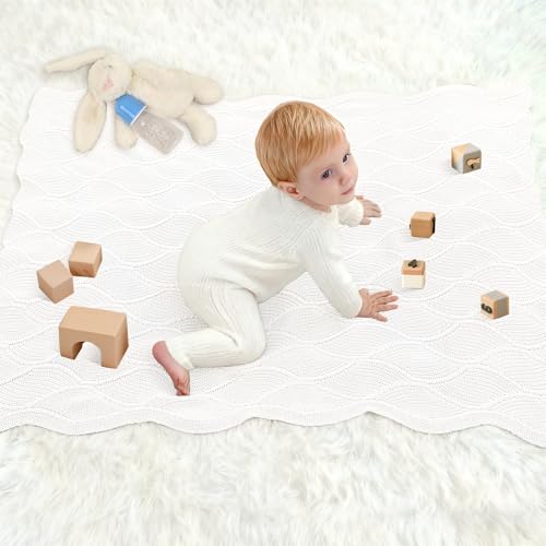 Image of Thick Cotton Knit Baby Blanket 40x31 Inches - Soft Breathable Newborn Blanket for Boys & Girls, Wavy Pattern Receiving Blanket for Crib, Stroller, or Nursery, Gift Box for Baby Shower (White)