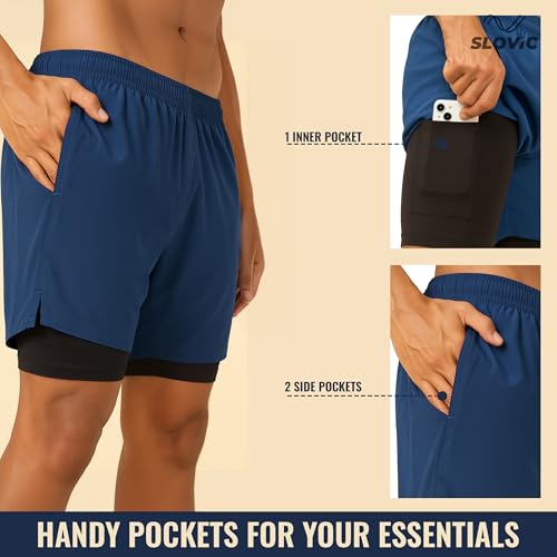 Image of SLOVIC Running Shorts for Men Stylish | 2 in 1 Double Layer Shorts | Lightweight & Breathable Gym Shorts for Men Workout | Ideal for Running, Gym & Sports Blue