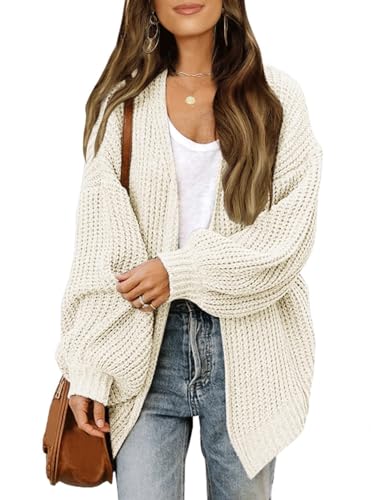 Women's Balloon Sleeve Cardigan Sweater Long Trendy V-Neck Long Sleeve Chunky Knit Coat