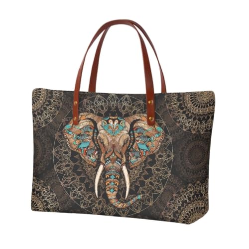 Sannovo Boho Elephant Tote Handbag for Women Large Satchel Bag Mandala Flower Top Handle Purse Lightweight Shoulder Handbag with PU Handle, Gift for Women, Brown