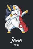  Jana - Notes: Noms Personnalisé Carnet de notes / Journal pour les filles et les femmes. Licorne qui dab aux cheveux aux couleurs du drapeau français. ... anniversaire, cadeau de Noël et de fête.