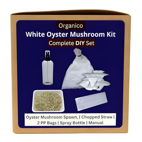 Organico Complete DIY White Oyster Mushroom Growing Kit (Spawn + Straw Substrate + PP Grow Bags + Spray Bottle + Cutter + Manual), First Generation White Mycelium Big Petal Oyster Mushroom Spawn/Seed