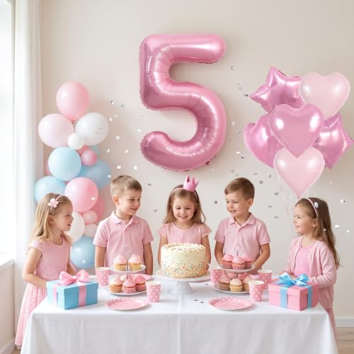 Image of TONIFUL 5th Birthday Balloons Kit 40 Inch Pink Large Number 5 Foil Balloon | with 18 Inch Helium Foil Star Shaped Balloons for Girls Women Birthday Anniversary Graduation New Year Eve Party Decoration