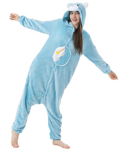 Katara Glücksbärchi Blau Schlummerbärchi XL Jumpsuit Onesie Karneval Overall Party Karnevals-Kostüm Verkleidung zum Fasching Schlafanzug Cosplay Tierkostüm für Erwachsene