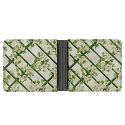 Trellis Lattice Pattern in Green Soft PU Leather Bifold Wallet, Coin Purse Credit Pass Case, Durable Card-Holder Slim Billfold for Men Woman Money Storage3