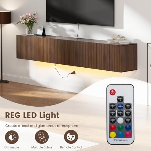 DHMAKER 81" Floating TV Stand Wall Mounted with Power Outlet for TVs up to 85", Fluted Midia Console Entertainment Center with LED Lights, Mid-Century Modern TV Console for Living Room Bedroom, Walnut - 5