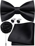 Ailisus Mens Black Bow Tie and Pocket Square Cufflinks Lapel Pin Set Silk Silk Pre-tied Bowtie Adjustable Wedding Party Business