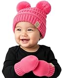 Funky Junque Baby Double Faux Fur Pom Pom Beanie & Mittens Set – Newborn Infant 0–9 Months Winter Hat with Soft Lined Mittens - Candy Pink