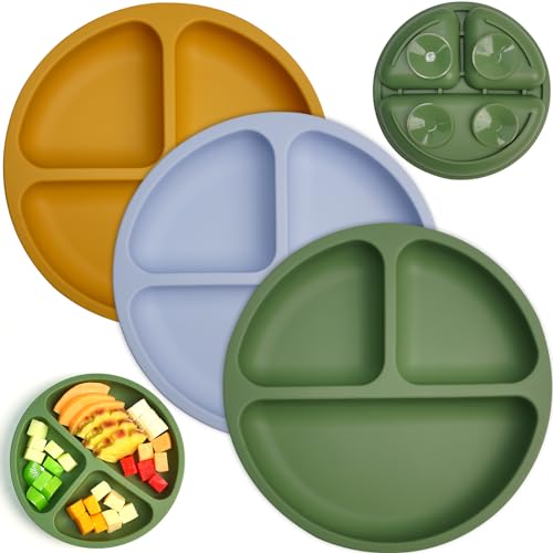 Image of Little Rawr Suction Plates for Babies & Toddlers, 3 Pack Divided Toddler Plates-Food Grade Silicone/BPA Free, Quadruple Suction Non-Slip Design, Baby Led Weaning Supplies, Dishwasher Safe