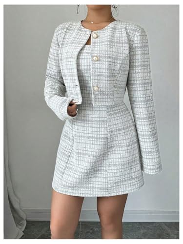 Image of SOLY HUX Women's 2 Piece Outfits Plaid Long Sleeve Button Down Cropped Jacket and Sleeveless Mini Dress Sets