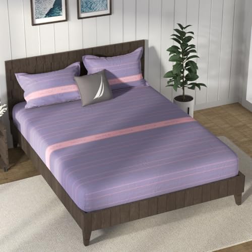 Image of NAUTICA Cotton King Bedsheet with 2 Pillow Covers -3pc Set (noridge) | 160TC | Super Soft Touch Stripe-Purple /Pink