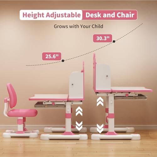 CHIOMEY Kids Desk and Chair Set for Ages 3-12 - Tilting Study Desk (Pink) - 2