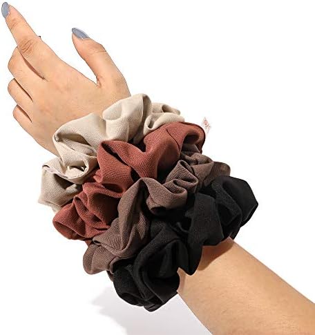 Ivyu Scrunchies Hair Ties, Big Large Scrunchie for Girls Women, Cute Hairties Jumbo Scrunchy For Thick Curl Hair No Crease Hair Accessories Soft Ropes Ponytail Holder, 4 Count, Black, Brown, Beige