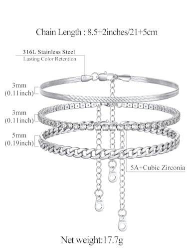 Image of FindChic Black /Silver /Gold Plated Anklets Set of 2PCS /3PCS Herringbone Chain Cuban Link Heart Charm Sparkling Tennis Ankle Bracelets, Waterproof Summer Foot Jewelry for Beach