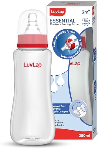 LuvLap Baby Essential Slim Neck Polypropylene Feeding Bottle, 250Ml, Plain, with anti Colic Nipple, New Born / Infants / Toddler upto 3 years, BPA Free, Red