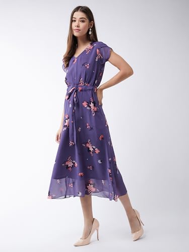 Image of Miss Chase Women Pleated V Neck Full Sleeves Relaxed Fit Midi Length Dress