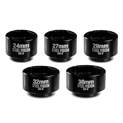 Steel Vision 5-Piece 3/8 Drive Low Profile Oil Filter & Oil Canister Socket Set Metric 24mm 27mm 29mm 32mm 36mm Chrome Vanadium Steel 6-Point Design Laser-Etched Markings (Upgraded Style)