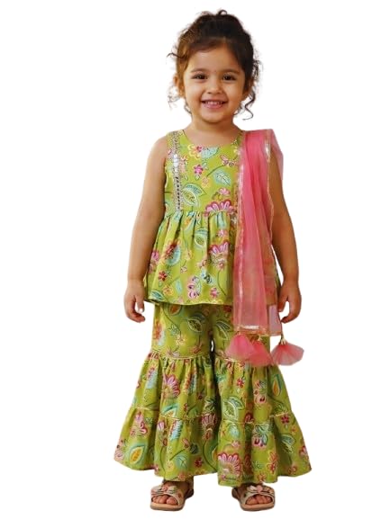 Image of Ethnic kurta for girls | Kids Salwar Suit Set | Girl's Printed top Sharara Dress Set for kids girls