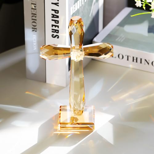 Image of YWHL Champagne Crystal Standing Cross Figurine, Religious Gifts for Women