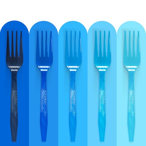 100 Pcs Disposable Blue Plastic Forks Gradient Blue Plastic Cutlery Set for Weddings Party Birthdays