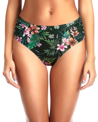 Image of Women Bikini Bottoms Mid Waist Bathing Suit Swimsuit Ruched Swim Bottom | Full Coverage, Full Lining, Shirred, Mid Rise, Tummy Control