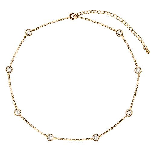 LecAit 14K Gold/Silver Plated Station Necklace for Women | CZ Diamond Choker Necklaces | Simulated Diamond BTY Necklace | Gold Cubic Zirconia Chain Choker Necklaces for Women