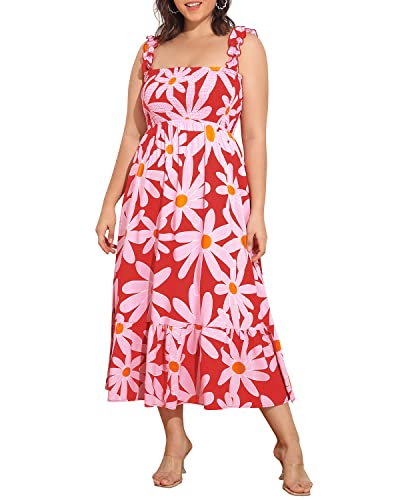 Image of Plus Size Summer Dress - Sun Boho Beach Casual Floral Spaghetti Strap Sleeveless Long Maxi Dresses