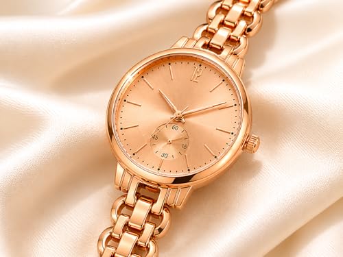 Image of HALFDOT Women's Rose Gold Analog Wrist Watch | Elegant Chain-Link Metal Strap Quartz Watch | Fashion Wrist Watch for Women & Girls