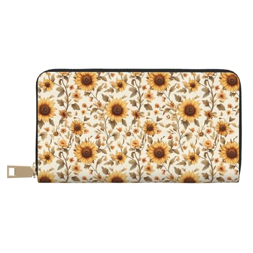 Autumn Sunflower Print Wallet Women Men, Long PU Leather Wallets for Women, Cute Womens Travel Wallet Purse Pouch with Zipper Pocket