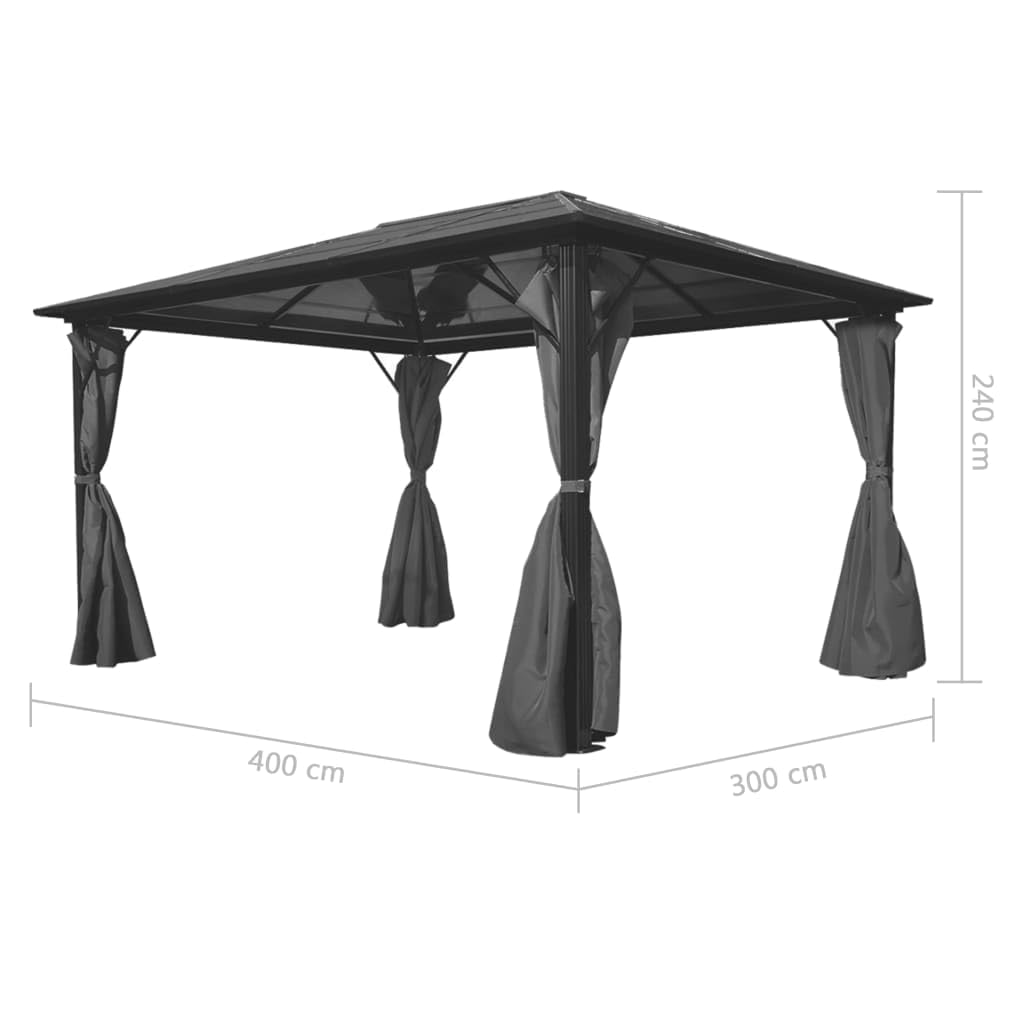 Antracytowy pawilon ogrodowy 400 x 300 cm z zasłonami, aluminiowy domek na taras, odporny na promieniowanie UV 6 mm dach PC, 4 ściany boczne z zamkiem błyskawicznym