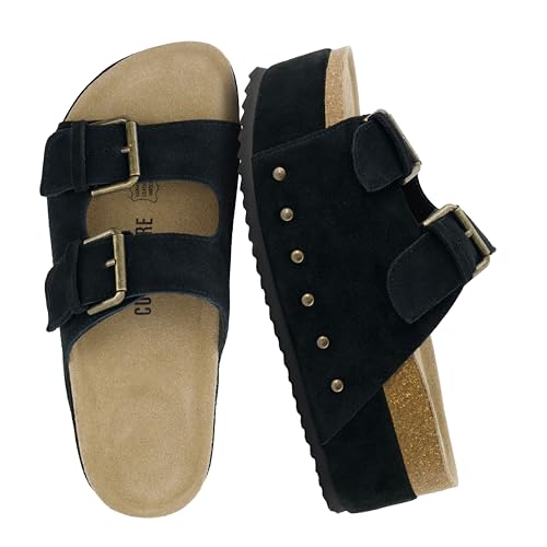 CUSHIONAIRE Guru Platform Sandals Women Footwear – Comfortable Genuine Leather Footbed Studded Chunky Slide Summer Sandals for Women 2026, BLACK 6