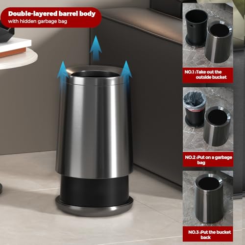 Image of 10L /2.6 Gallon Black Tall Wastebasket,Brush Brass Bathroom Garbage Can,Open Top Trash Can for Bathroom,Bedroom,Hotel,Kitchen,RV (Black Gold)