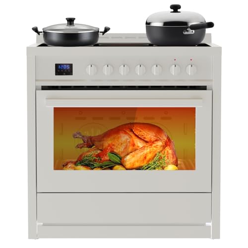 36 Inch Electric Range with 5 Cooktop Burners, 4.3 Cu.Ft. Freestanding Electric Range Oven, 7 Functions Professional Convection Oven, Easy Reach Racks, Timer, Stainless Steel, Silver