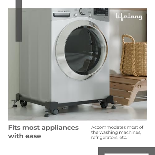 Image of Lifelong Universal & Adjustable Metal Washing Machine Stand (5 KG to 12 KG) | Trolley with Wheels | Single /Double Door Fridge Stand, Air Cooler Stand | 180 KG Capacity, 4 Anti Vibration Pads | Black