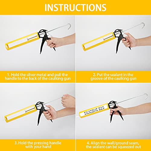 Caulking Tool Kit and Gun Achort Hand Caulking Gun for Bathroom Kitchen and Frames Manual Epoxy Applicator Gun 300ML Silicone with 4PCS Sealant Finishing Tool Grout Scraper Trimming Set - Afbeelding 4