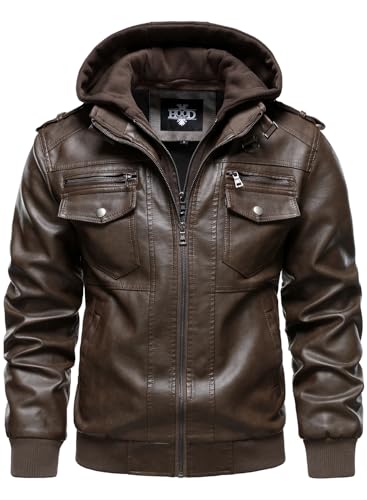 HOOD CREW Men's Faux Leather Hooded Jacket Motorcycle Jackets Water Repellent Windproof PU Moto Vintage Bomber Hoodie Coats3