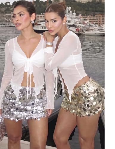 Image of Avidlove Women Mesh Crop Top Y2K Tie Front Tops Rave Top Sheer Cardigan Sexy V Neck Outfits S-2XL