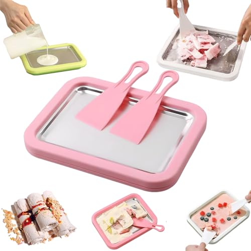 clhjinruoliu Kit de Fabricación de Helado Rodado en Casa, Placa de Congelación Instantánea con 2 Rascadores, Bandeja Casera de Acero Inoxidable para DIY, Actividad Divertida en Familia,Rosado