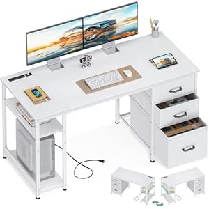 AODK 51 Inch Computer Desk with File Drawers & USB Power Outlets, Reversible Home Office Desk with Storage Shelves, Work from Home, Modern Work/Writing/Study Table for Bedroom, White