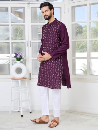 Image of See Designs Men's Full Sleeve Mandarin Collar Ethnic Motifs Embroidered Sequinned Mandarin Collar Straight Long Kurta with Pyjama - Festive Collection