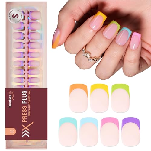 Beetles Summer Press On Nails 224 Pcs 7 Colors, French Tip Nails Short Square Classic Fake Nail Tips, Rainbow Soft Nail Gel False Nails Art DIY For Women
