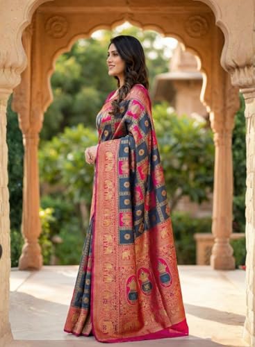 Image of C J Enterprise Women's Kanjivaram Silk Saree Woven Patola Banarasi Soft Sarees Zari With Blouse Piece (Hathi Patola)