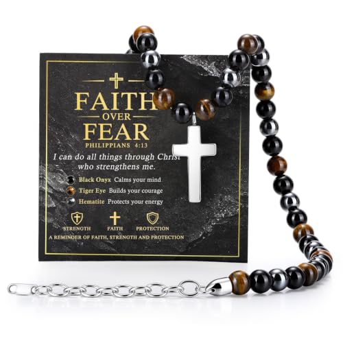 Beaded Cross Necklace Gifts for Men - Triple Protection Black Onyx Obsidian Tiger Eye Natural Stone Necklace Stainless Steel Cross Pendant Stress Relief Balance Faith Jewelry Gifts for Husband Dad Son - image 8