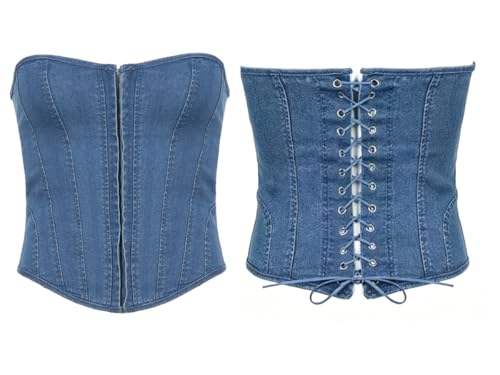 Image of Denim Corset Top for Women, Denim Tube Top Sexy Sleeveless Slim Front Hook Waist Cincher Bustier Jean Corset Tops