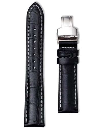 Image of Crocodile Grain Leather Deployment Strap | 22 mm Black | White Stitching | Croc Alligator Embossed Calf Leather Watch Band | Silver Deployant Clasp | Spring Bars and Tool Included (Black/White, 22mm)