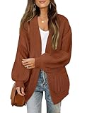MEROKEETY Women's Chunky Cardigan Sweaters 2025 Lantern Long Sleeve Oversized Knit Outerwear with Pockets, Caramel, L